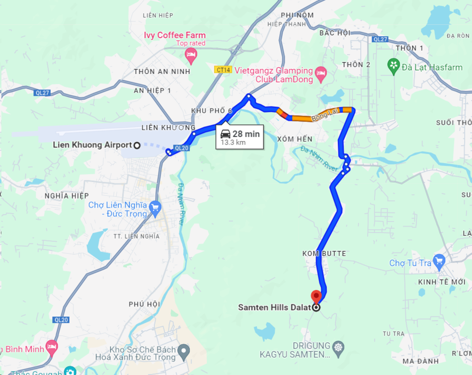 Bản đồ hướng dẫn đường đi từ sân bay Liên Khương tới Samten Hills Dalat bằng ô tô