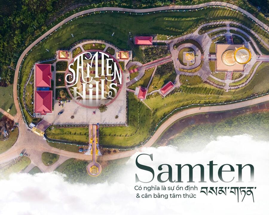 Logo Samten Hills được lấy cảm hứng thiết kế từ Mandala với mong muốn kiến tạo một vũ trụ thu nhỏ chứa đựng sự ổn định và tỉnh thức cho chúng sinh.
